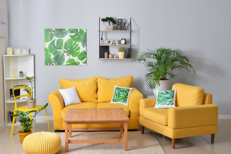 Gray, Yellow, and Green Living Room