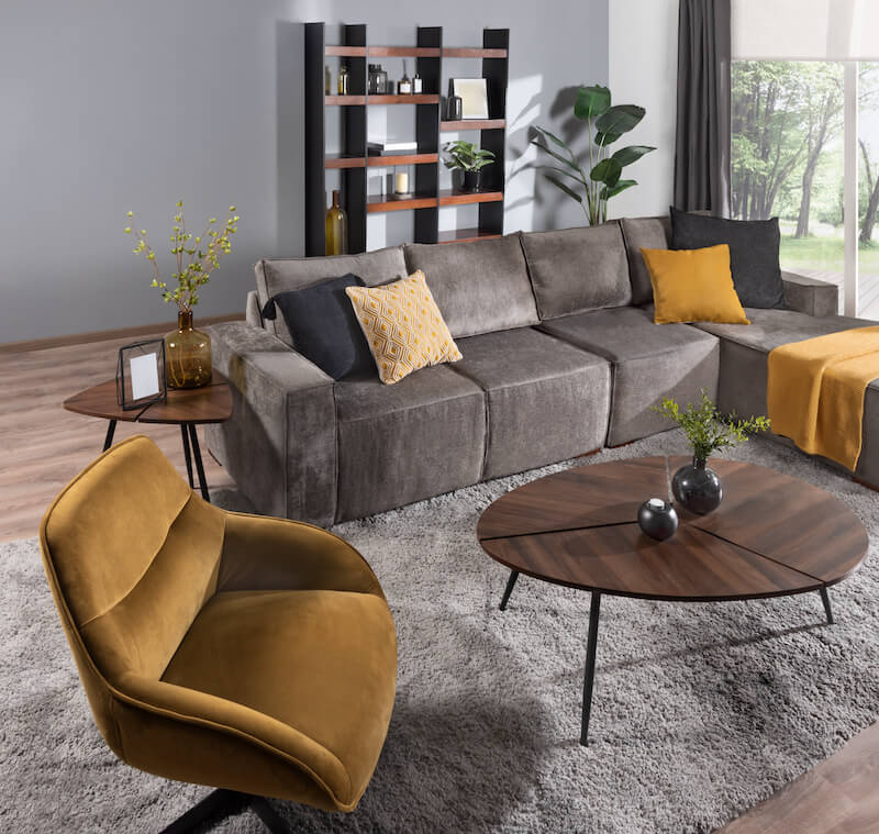 Grey and Mustard Yellow Living Room