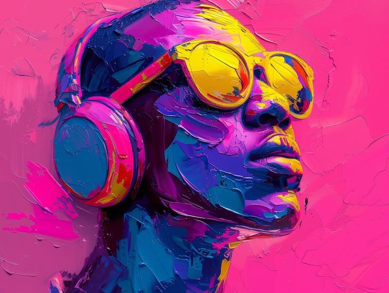 Bold Pink and Navy Blue Textured Painting of Person Wearing Headphones