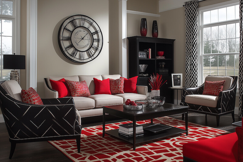 Red Living Room with Black Furniture Accents