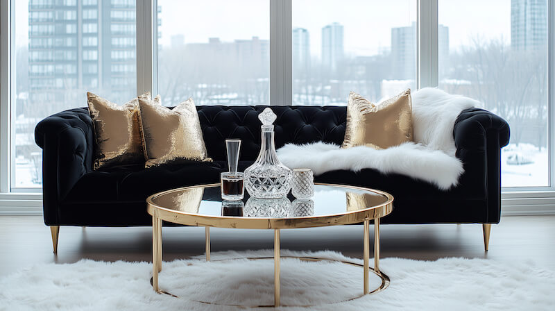 Black Velvet Couch with Gold Accents