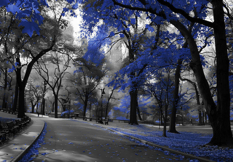 Black and White Photo with Blue Leaves as Accent