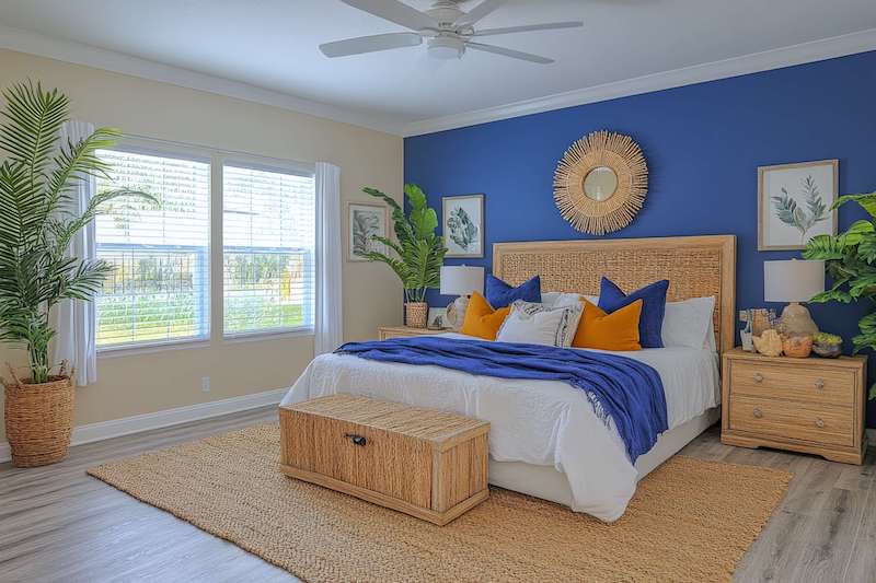 Royal Blue Accent Wall in Bedroom with Natural Decor