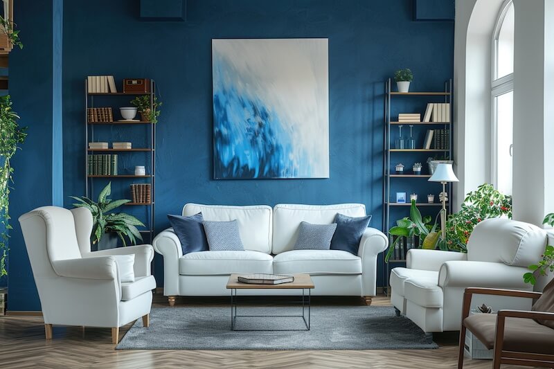 White Living Room with Blue Walls