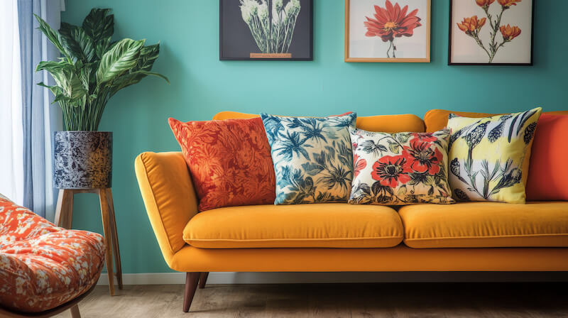 Modern Floral Throw Pillows on a Colorful Couch