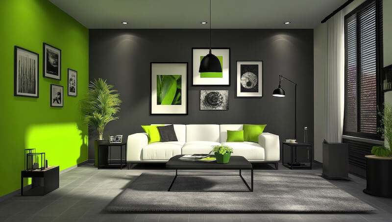 Dark Grey Walls with Lime Green Accent Wall