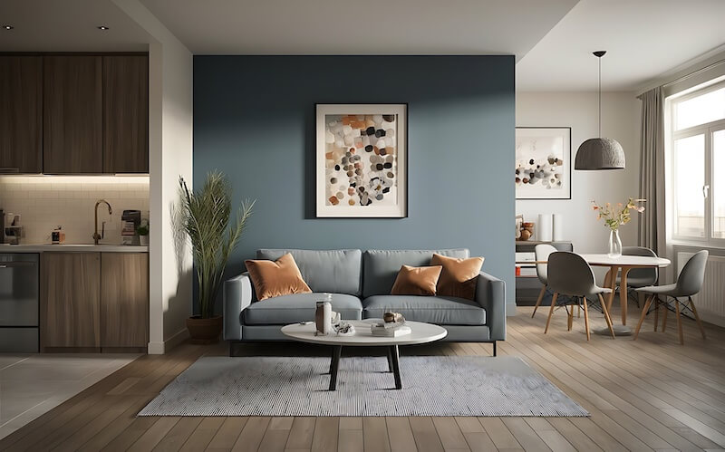 Dusty Blue Accent Wall for Apartment Living Room