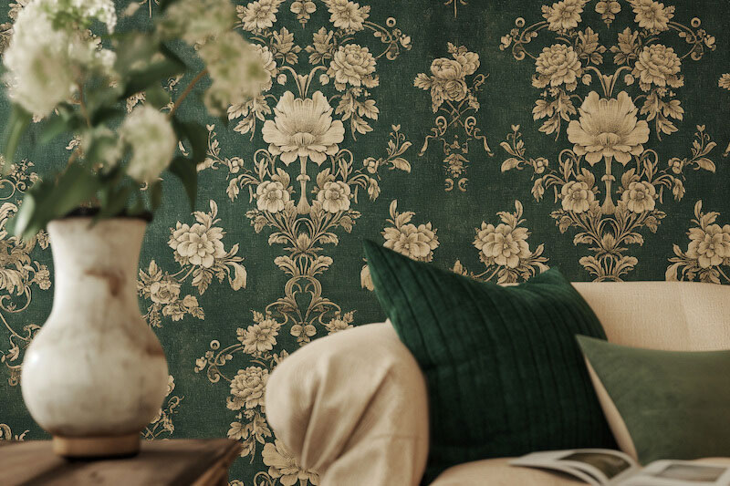 Floral Damask Wallpaper in Deep Green