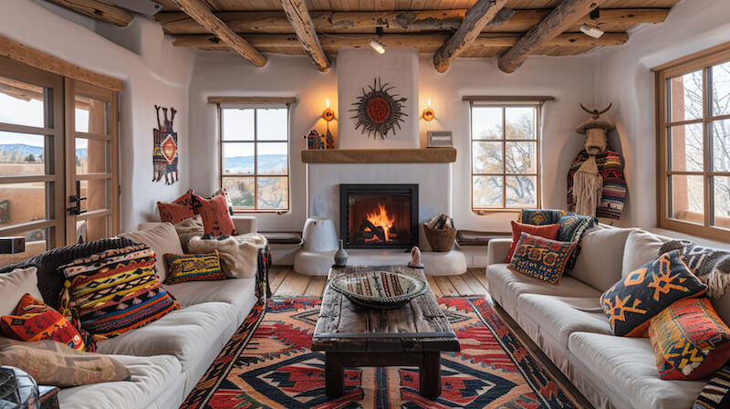 Pueblo Home Interior with Kiva Fireplace