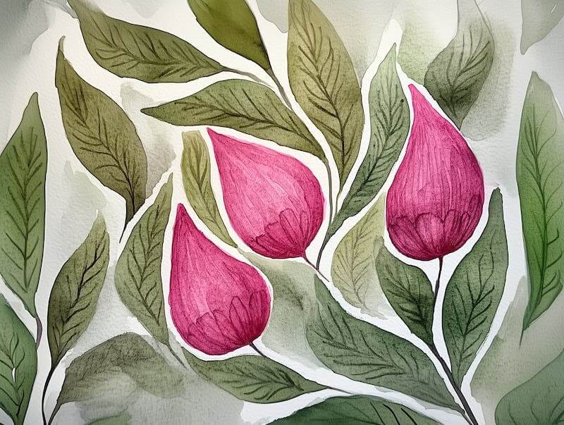 Vivid Watercolor Flower Buds and Leaves