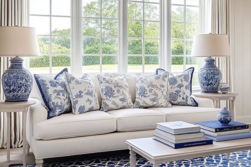 Porcelain Patterned Throw Pillows in Blue and White Living Room