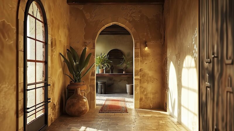 Pueblo Home Interior with Stone Flooring and Pottery