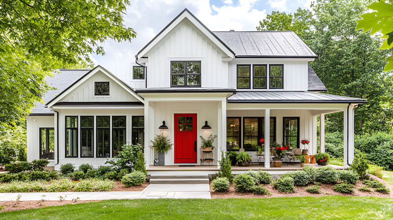 White Farmhouse-Style Home with Bold Red Door