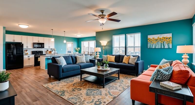 Open Concept Living Room and Kitchen with Teal Walls