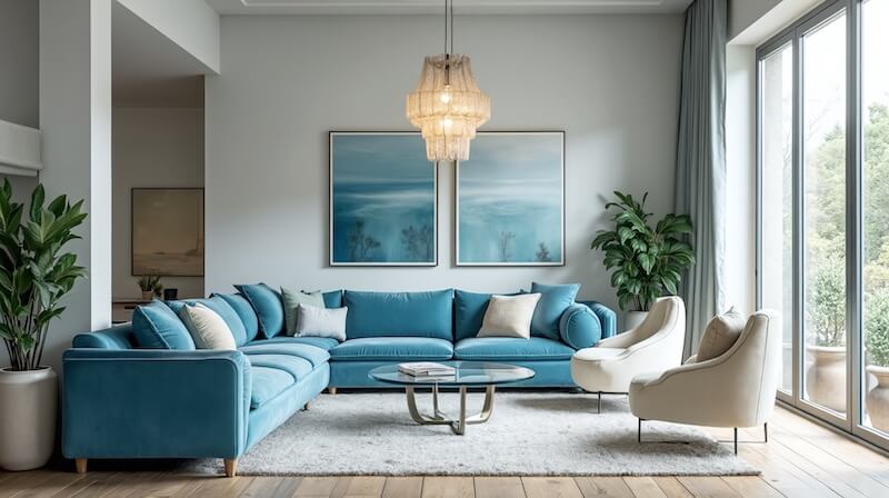 White and Teal Living Room